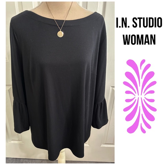 I.N. Studio Tops - I.N. Studio Woman, Black Textured, Bottom Bell Style Cuffs, Top/ Blouse
